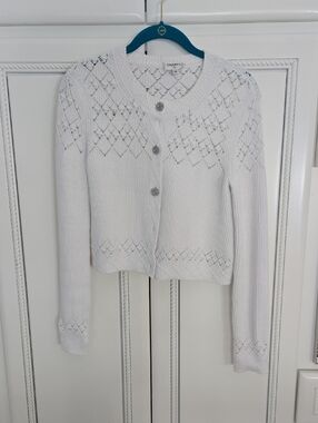 CHANEL White Openwork Knit Button Cardigan